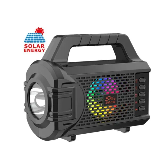 Boxă Portabilă Bluetooth ZQS-T06 Solară cu Lanternă – 5W, 3.7V 1200mAh, Difuzor Wireless pentru Exterior