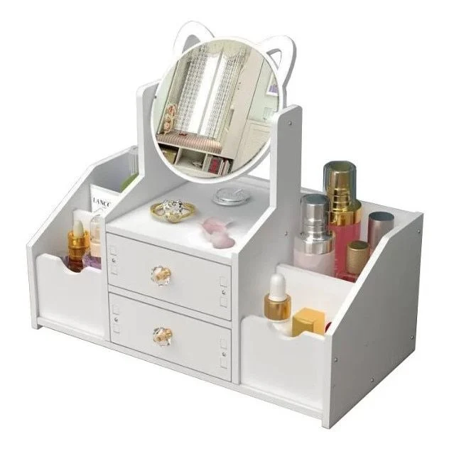 Cutie albă pentru bijuterii și accesorii de machiaj – 25 × 16 × 7 cm, cu oglindă rotundă